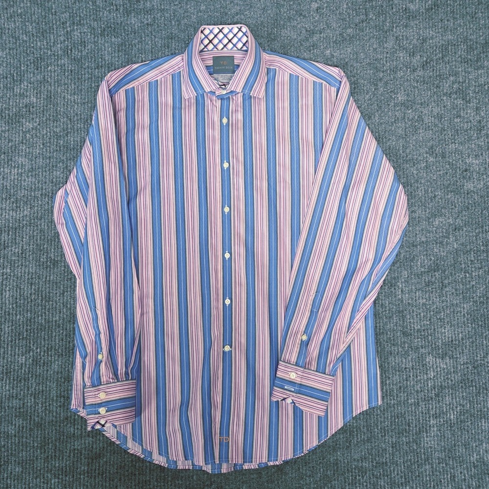 Thomas Dean Mens Large L LS Button Down Shirt Blue Pink Stripe Cotton‎